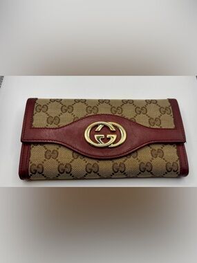 Authentic Gucci Beige GG Canvas Wallet with Red Leather Trim and Gold Double G